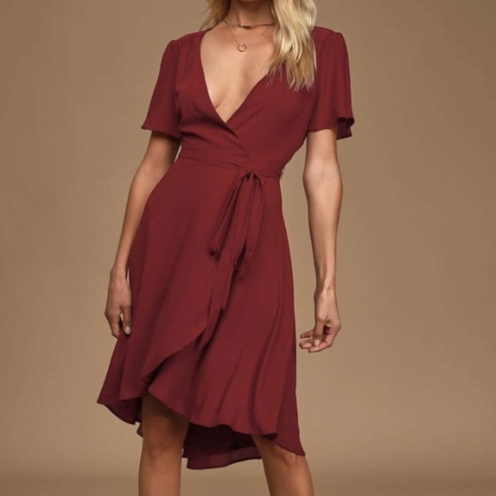 Lulus Rise to the Occasion Burgundy Midi Wrap Dress